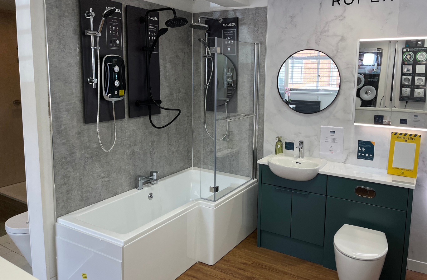 Bathroom suites in a bathroom showroom in Redditch